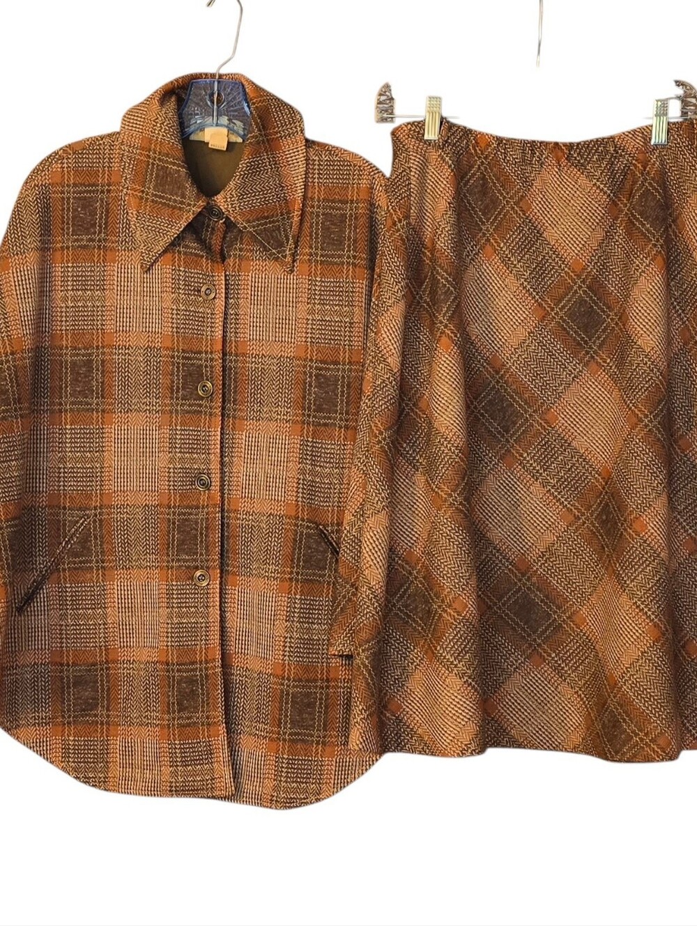 Vtg Joyce Sz 15-16 Skirt Size 7-8 Poncho/Cape Two Piece Set Brown/Orange Plaid